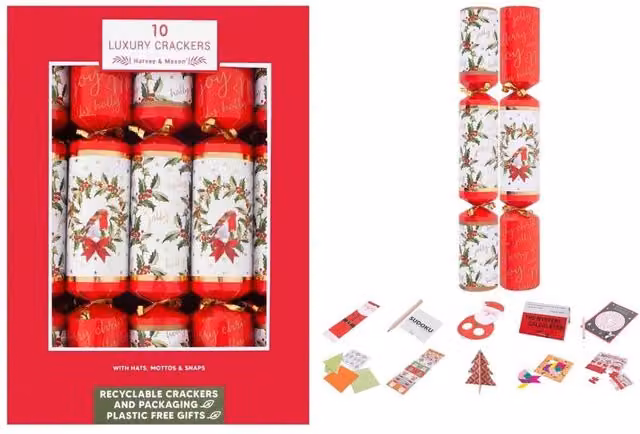KDMD 10 Pack Luxury Holly Robin Christmas Crackers in Red and Gold with Floral and Bird Designs, 35.56 cm – 1