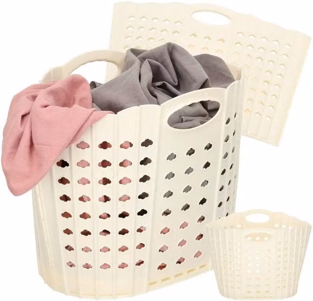 Havendro Collapsible Plastic Laundry Basket with Handles in White and Beige, W/D/H: 24.5 x 28.5 x 24.5 cm