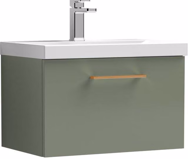 Balterley 600mm Wall Hung 1 Drawer Vanity Basin Unit in Satin Green with Copper Handle – 1