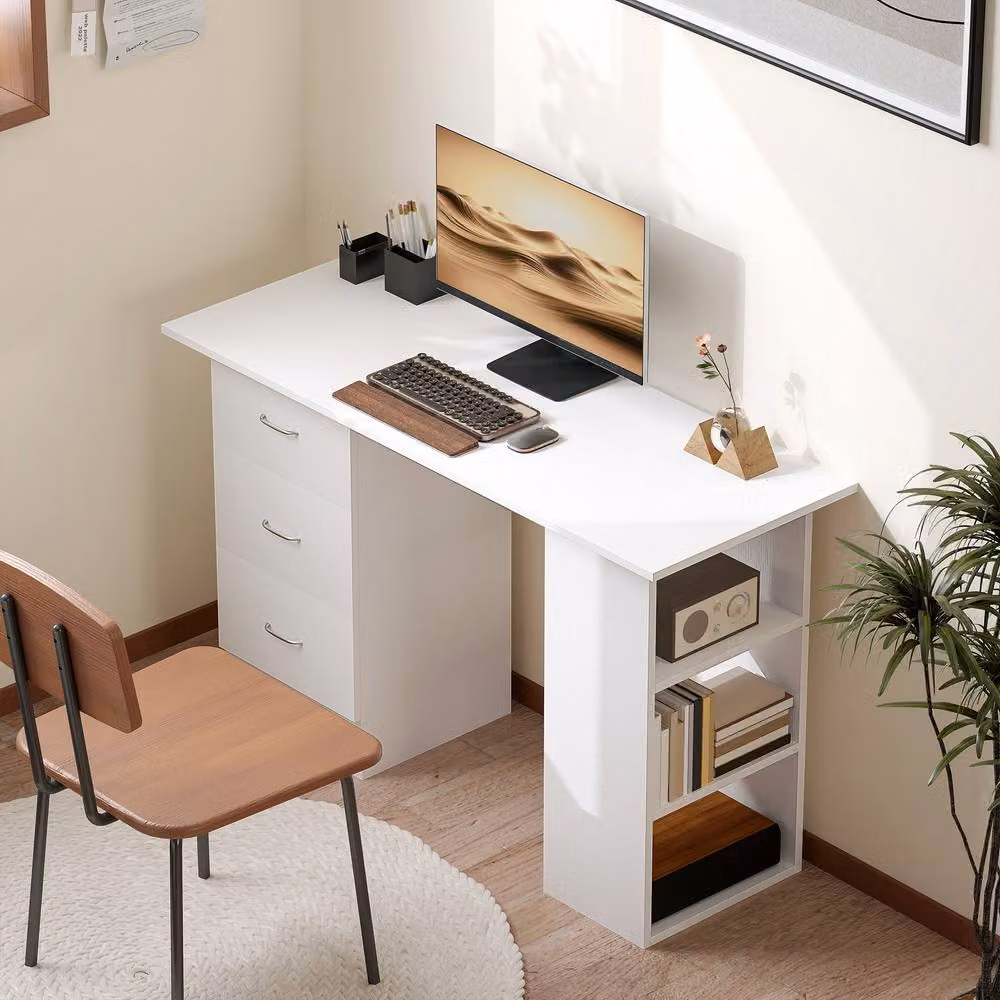 STILVORA Modern White Writing Desk with 3 Drawers and 3 Shelves – 3