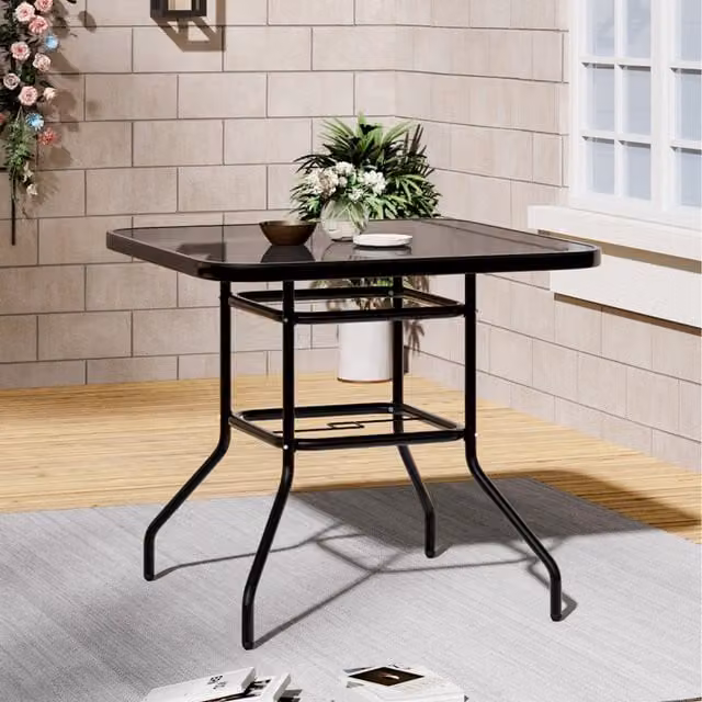 Livingandhome Modern Black Toughened Glass Garden Table with Umbrella Hole