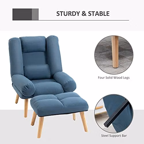 HOMCOM Blue Linen-Look Fabric Recliner Armchair with Integrated Footstool and Adjustable Backrest – 3