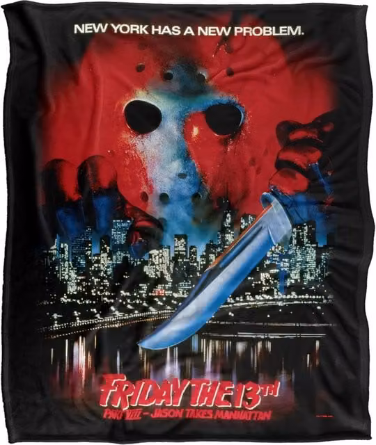 Friday the 13th Jason Takes Manhattan Poster Super Soft Throw Blanket, White and Multicolour, W: 152 cm, D: 127 cm