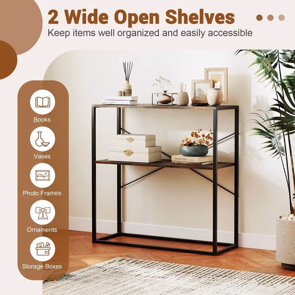 FORGEVIO 2-Tier Industrial Entryway Table with Open Shelves, Black Metal and Wood Frame – 3