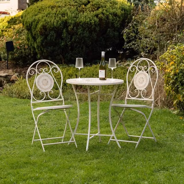 Scottish Everlastings Ltd Beige Cream Mosaic Bistro Set with Ceramic Geometric Top and Powder Coated Steel Frame – 1