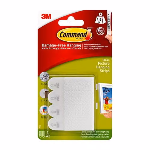 3M Command 17202 Small Picture Hanging Strips, Set of 4 White Double-Sided Adhesive Strips for Pictures, Frames and Wall Décor, Holds up to 1.8 kg