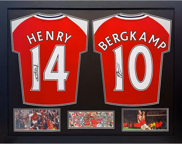 Allstarsignings Signed and Framed Thierry Henry and Dennis Bergkamp 2 Shirt Display, Red