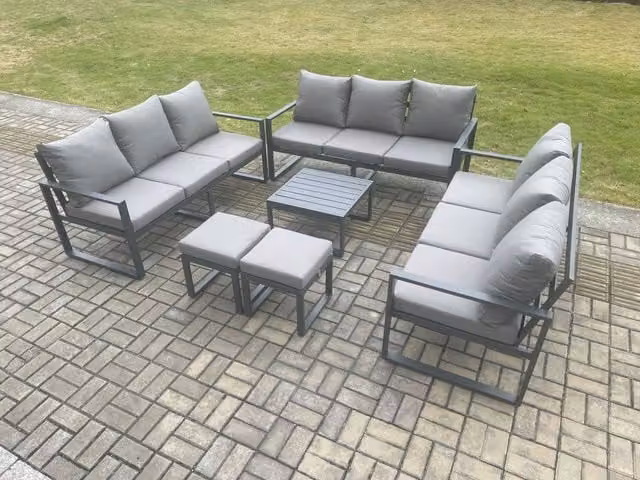 Fimous 11 Seater Outdoor Garden Furniture Set in Dark Grey with Powder Coated Aluminium Frame, Coffee Table and Upholstered Ottomans