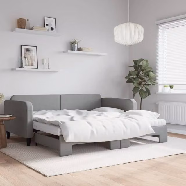 Berkfield Home Daybed with Trundle and Mattresses in Light Grey Fabric, W/D/H: 90 x 190 cm
