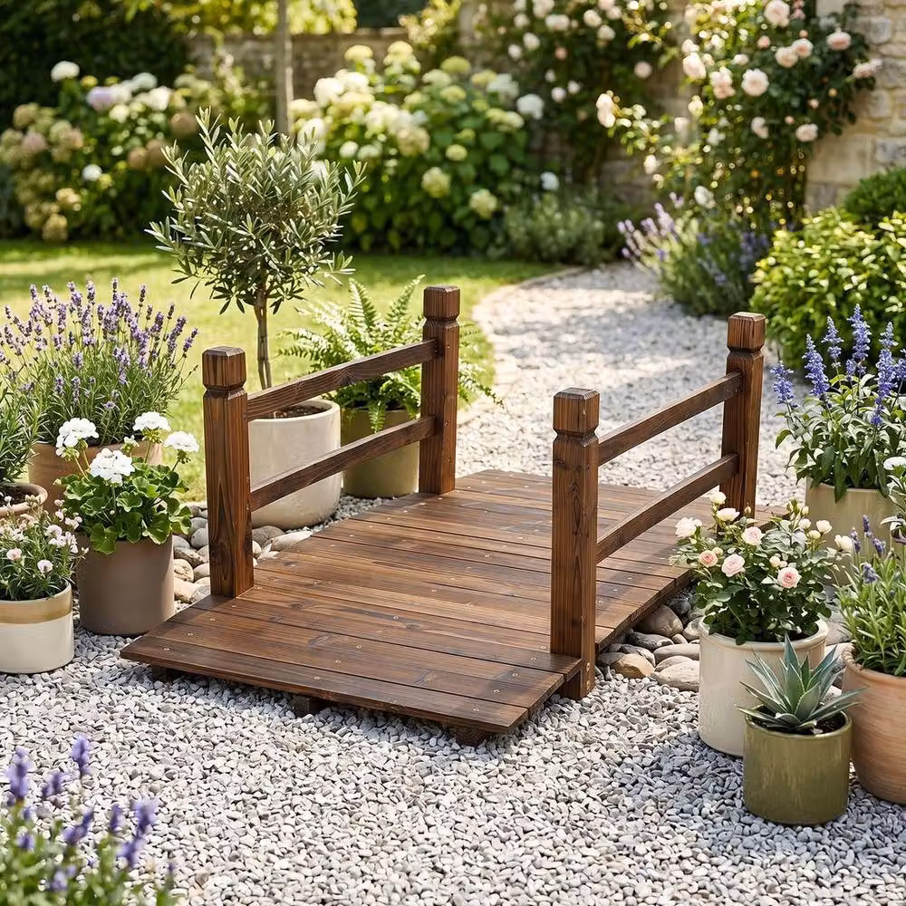 Havendro Fir Wood Garden Bridge with Safety Railings in Brown, 125 cm – 4
