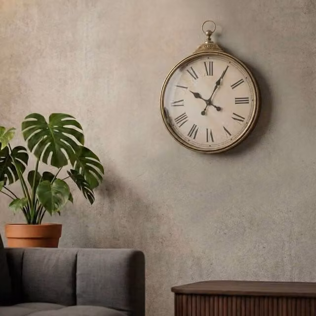Wyld and Coco Heritage Clock Co Gold Vintage Round Silent Analog Wall Clock, W: 40 cm, H: 51 cm