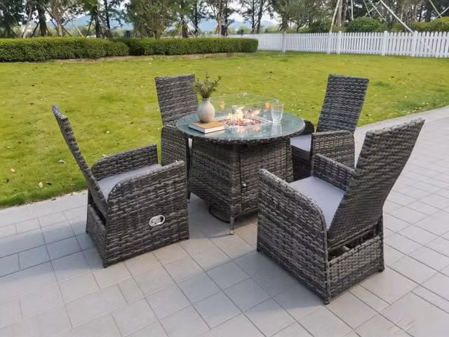 Fimous Rattan Garden Furniture Set with Gas Fire Pit Round Dining Table and 4 Chairs in Dark Grey