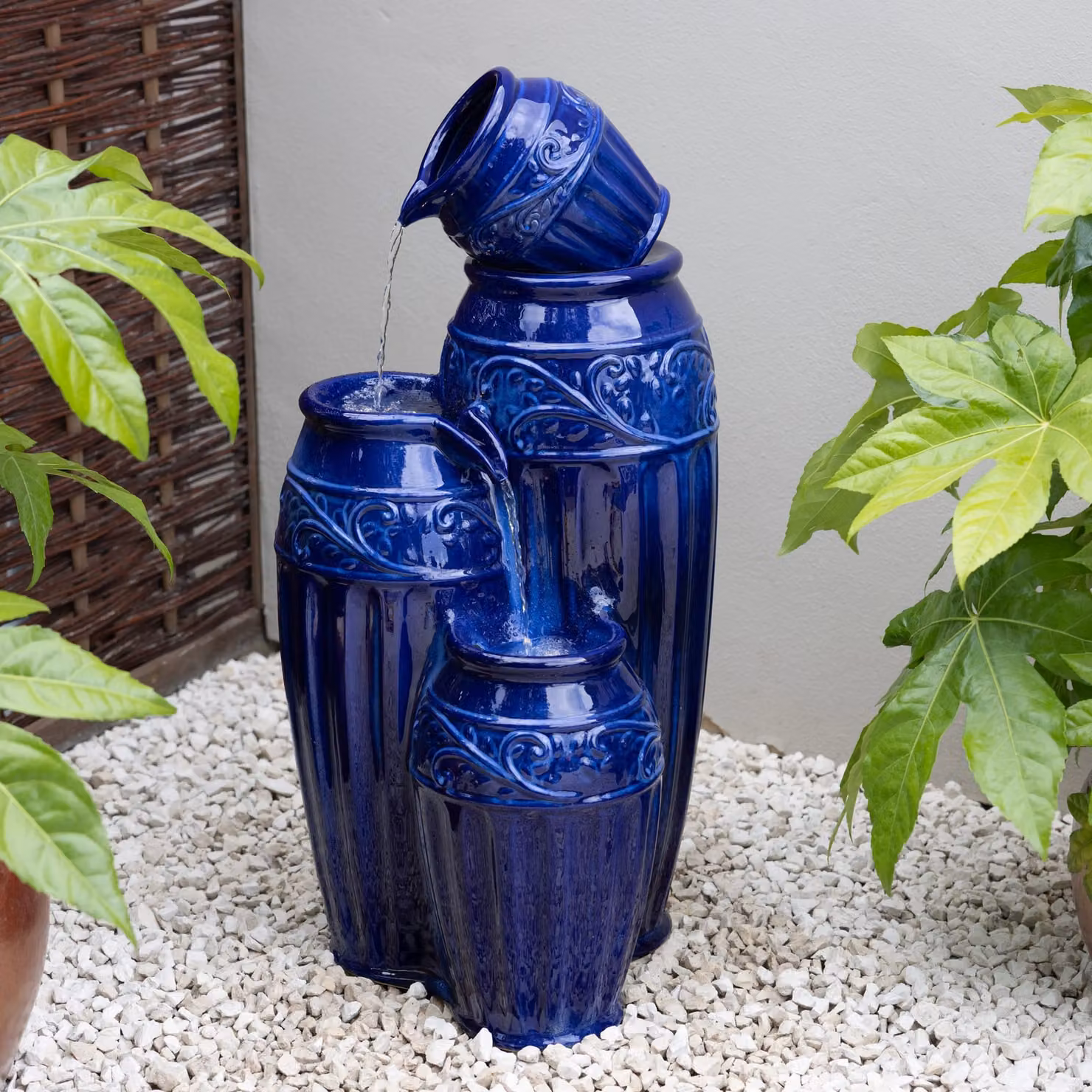 Primrose Blue Ceramic Cascading Vase Water Feature with LED Lights, Height: 87 cm – 2