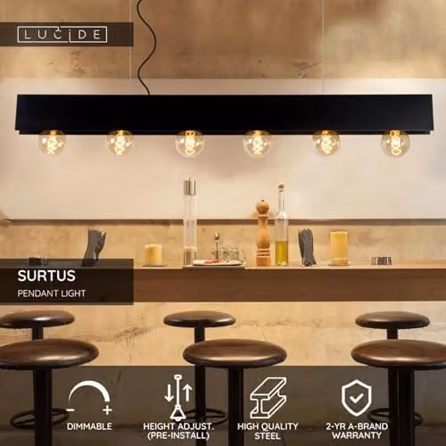 Lucide SURTUS Industrial Bar Pendant Light, Black, Dimmable and Height Adjustable, 6 x E27 – 2
