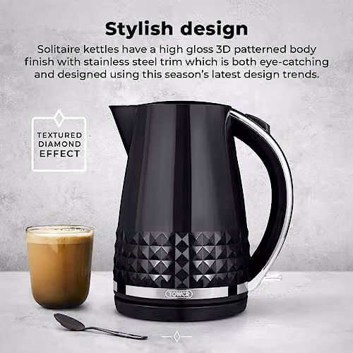 Tower Solitaire Kettle in Black with Chrome Accents, 1.5L, 3kW, with Limescale Filter and Stainless Steel Elements – 3