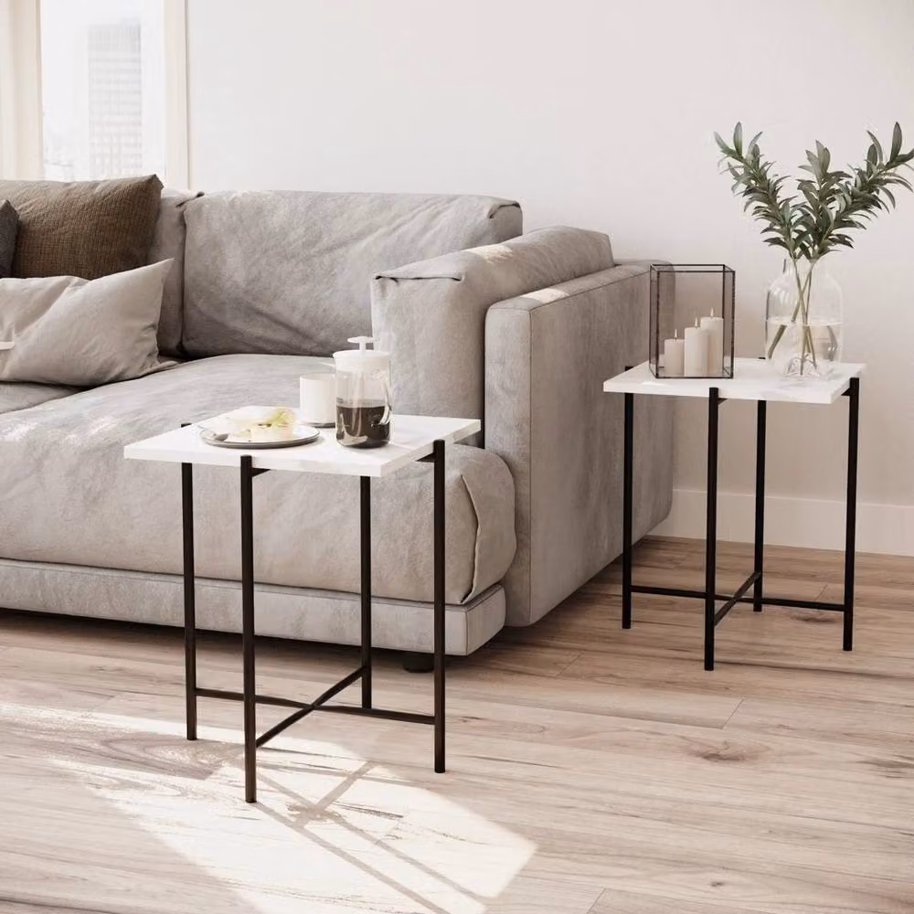 Havendro Set of 2 White Square Marble Effect Coffee Tables with Metal Frame – 2