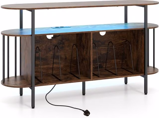 Costway Modern Record Player Stand with Record Dividers and Media Compartments, Black and Brown, Width: 140 cm