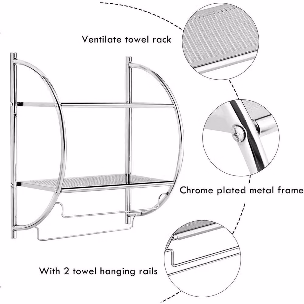KORVIXA 2 Tier Wall Mounted Metal Bathroom Shelf in Silver – 2