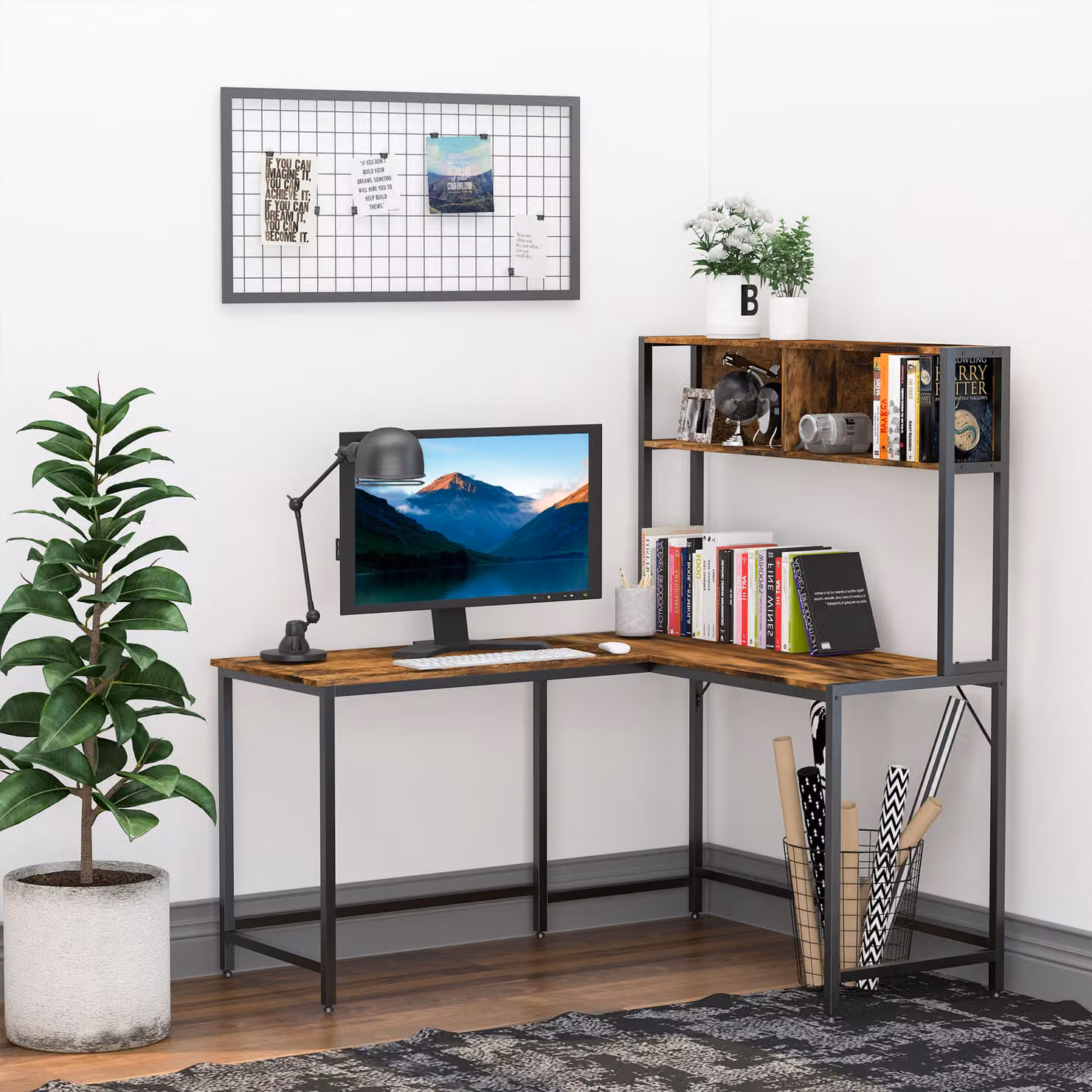 HOMCOM Industrial L-Shaped Corner Work Desk with Storage Shelf, Brown – 3