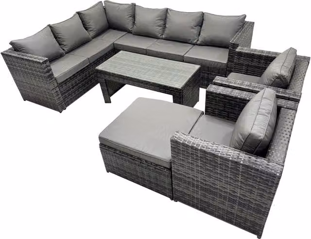 Fimous 6-Piece L-Shape Outdoor Rattan Corner Sofa Set with Glass Coffee Table and Ottoman in Dark Grey Mixed