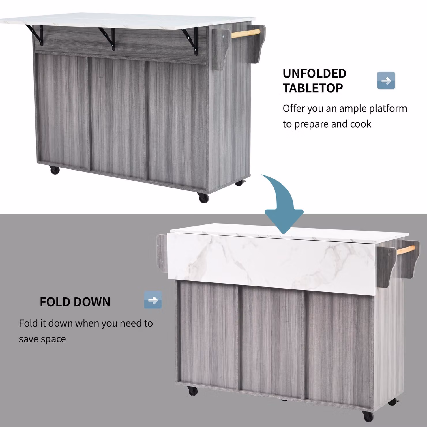 Aosom UK Grey Kitchen Trolley with Foldable Wood-Grain Countertop and Interchangeable Wheels, W: 46 cm, D: 46 cm, H: 91.5 cm – 6