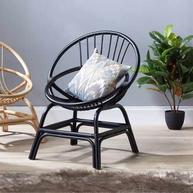 Desser Boho Rattan Moon Bowl Chair in Black and Pink with Fabric Cushion