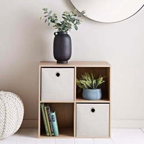 Spot on Dealz 4-Cube White Wooden Storage Unit with 2 Fabric Bins, W/D/H: 60 x 28 x 60 cm – 2