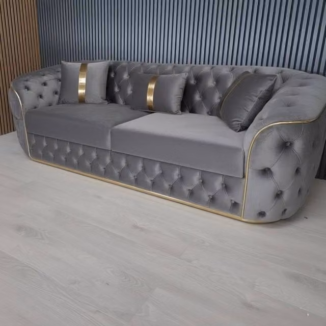 Stratus Interiors Ambassador Chesterfield Sofa in Silver Velvet with Gold Trim