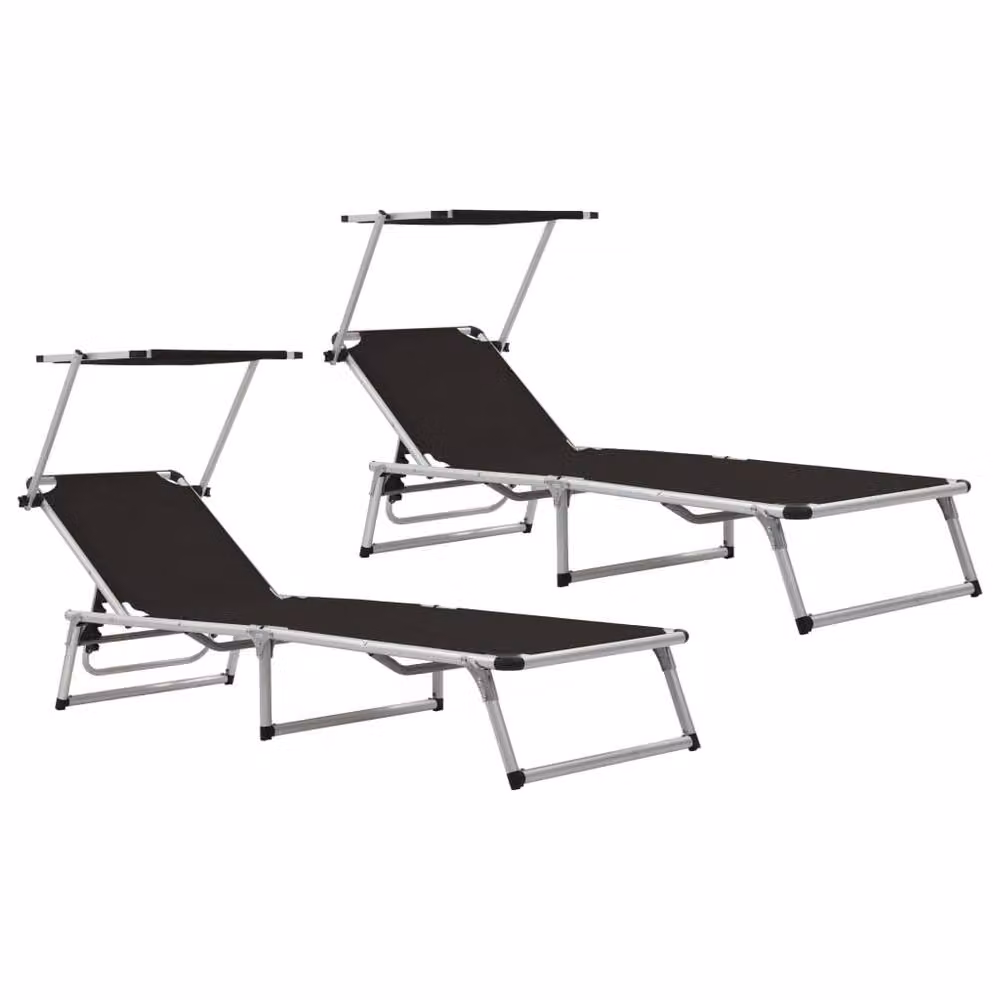 Berkfield Home Beautiful Set of 2 Black Folding Sun Loungers with Sun Canopy and Adjustable Headrest in Powder Coated Aluminium and Textilene – 2