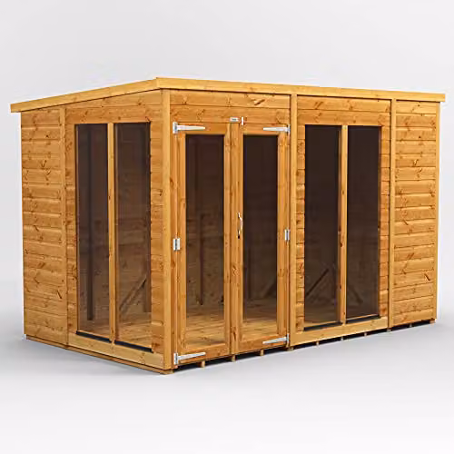 Powersheds Premium Pent Summer House Wooden Shed in Brown with 12 mm Extra Thick Timber, PVC Window Sills and Toughened Glass – 1