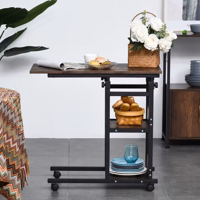 HOMCOM C Shaped Mobile Side Table with Castors, Brown