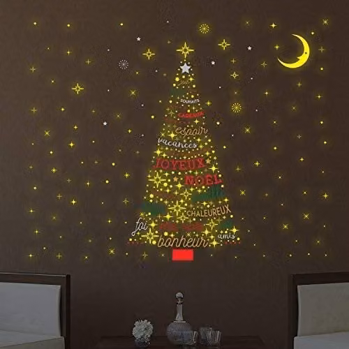 Wallflexi Christmas Glow Tree and French Quotes Multicolour Wall Sticker Decals