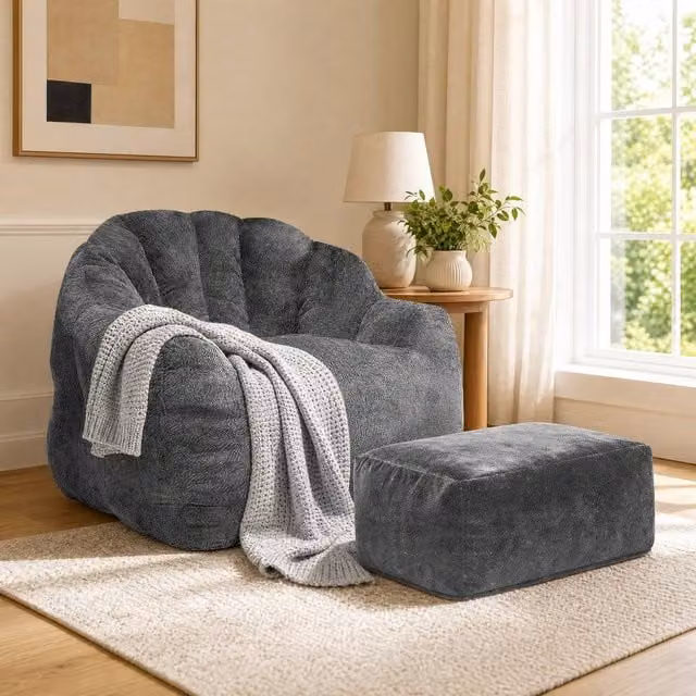 STILVORA Oversized Grey Fabric Bean Bag Chair with Footstool and Armrests