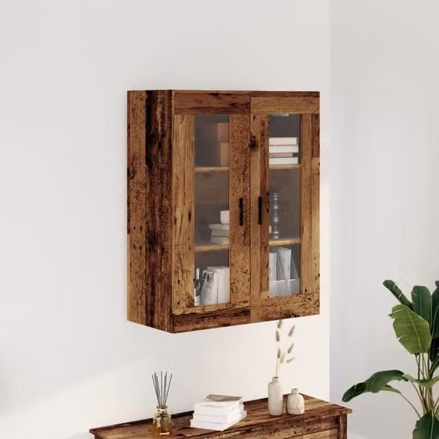 Berkfield Home Wall Mounted Cabinet in Old Wood Brown with Glass Doors, W/D/H: 69.5 x 34 x 90 cm