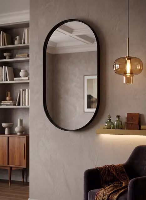 Biznest Black Oval Minimalist Aluminium Frame Wall Mirror, W: 70 cm, H: 50 cm, D: 3.5 cm