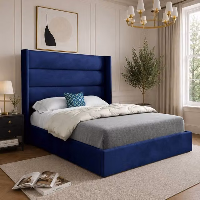 Casani Rainham Blue Soft Velvet Upholstered Designer Bed Frame, W/D/H: 137 x 120 x 128 cm