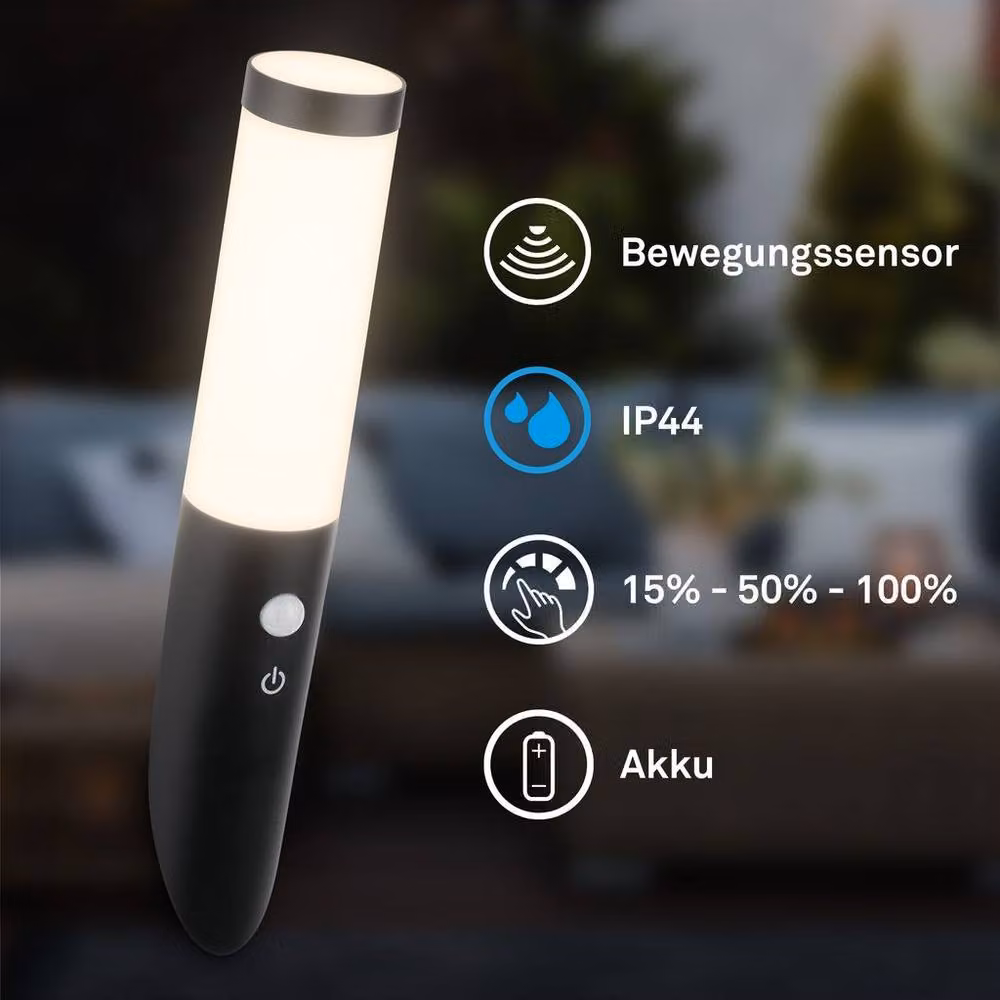 Briloner Black Rechargeable LED Outdoor Wall Light with Motion and Dusk Sensor, Dimmable, IP44 Splash-Proof, W/D/H: 6.5 x 6.5 x 35 cm – 2