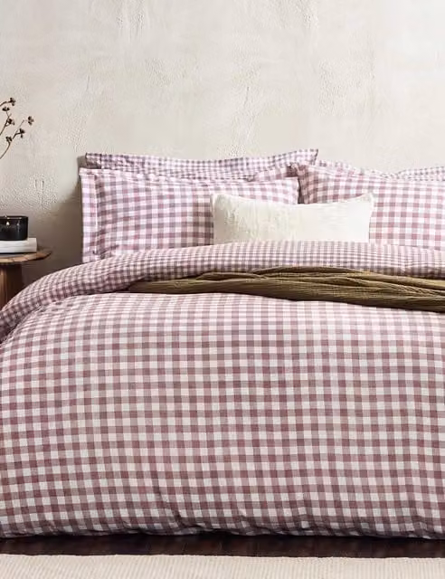 YARD Barton Gingham Washed Cotton Percale Bedding Set, White, W: 140 cm, L: 200 cm