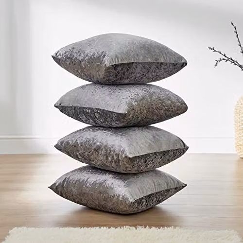 OHS Luxury Crushed Velvet Set of 4 Filled Square Cushions with Removable Covers, Silver Grey, W/D/H: 45 x 45 x 45 cm – 4