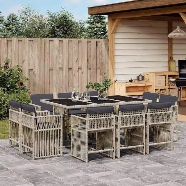 Berkfield Home 11 Piece Modern Garden Dining Set with Light Grey Poly Rattan and Glass Tabletop – 1