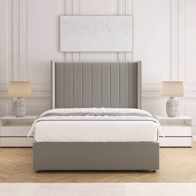BSSPOKE Hannah Double Divan Bed Set with 54 inch Headboard and Mattress in Silver Plush Velvet, W/D/H: 140 x 200 cm