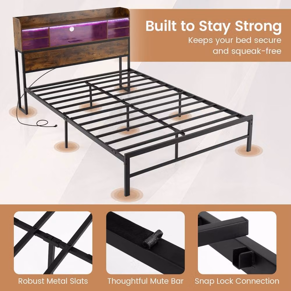 Costway Double Size Metal Bed Frame in Brown with LED Lights, USB Charging Port and Side Compartments, W/D/H: 140 x 200 cm – 10