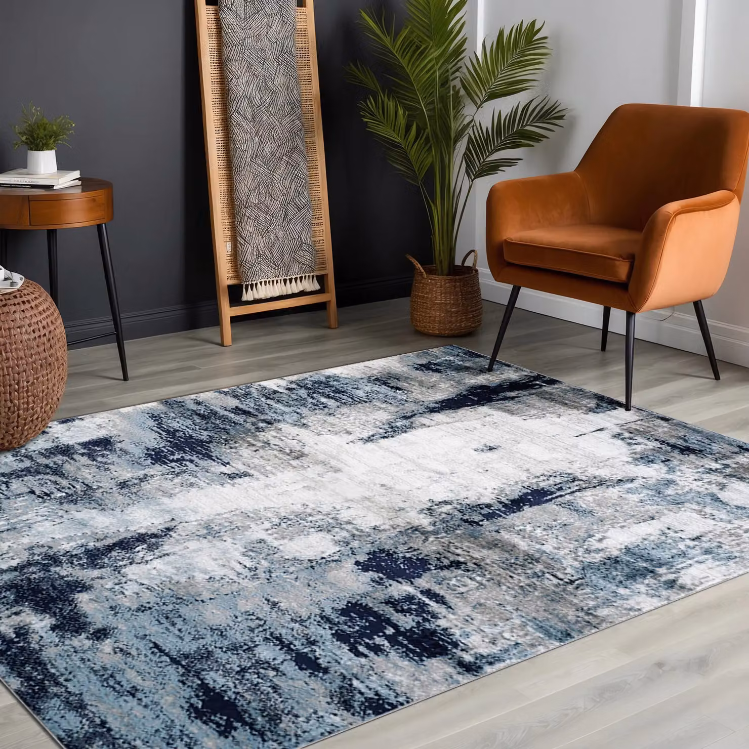 Livabliss Wanderlust Abstract Modern Marble Rug in Blue, Grey and Black, W: 80 cm, L: 150 cm – 7