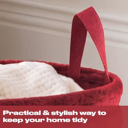 OHS Ribbed Faux Fur Storage Basket with Handles, Red/Pink, W/D/H: 26.0 x 26.0 x 30.0 cm – 3
