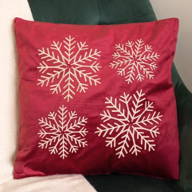 Samuel Alexander Burgundy and Gold Snowflake Soft Christmas Cushion, W/D/H: 44 x 44 x 44 cm