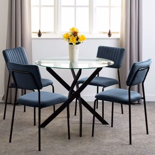 Seconique Sheldon Round Glass Top Dining Set with 5 Chairs in Navy Blue – 1