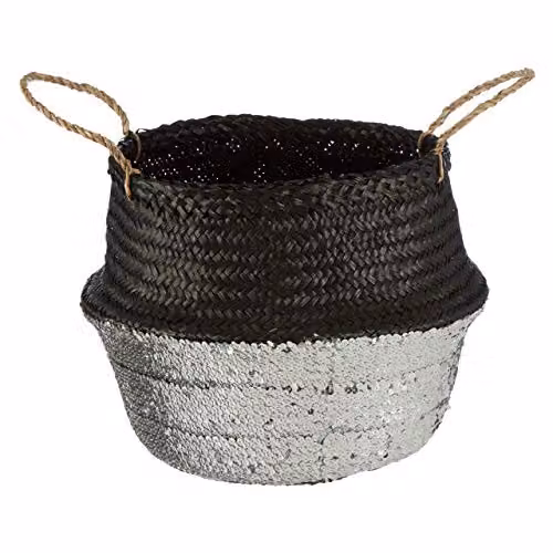 Orsina Black and Silver Seagrass Storage Basket with Handles, W/D/H: 35 x 35 x 32 cm