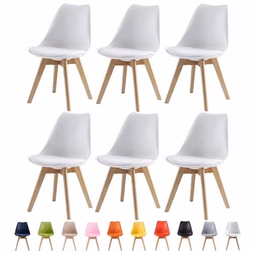 MCC Direct Set of 6 Retro Dining Chairs with Wooden Legs and White Synthetic Leather Cushions – 1
