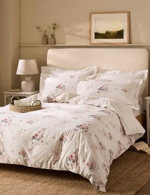 Sophie Allport Vintage Rose Reversible Floral Cotton Percale Bedding Set, Beige, W: 90 cm x H: 190 cm, 200 Thread Count