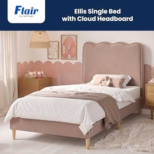 Flair Furnishings Ellis Single Velvet Bed Frame with Cloud Headboard, Pink, W/D/H: 90 x 190 x 110 cm – 2